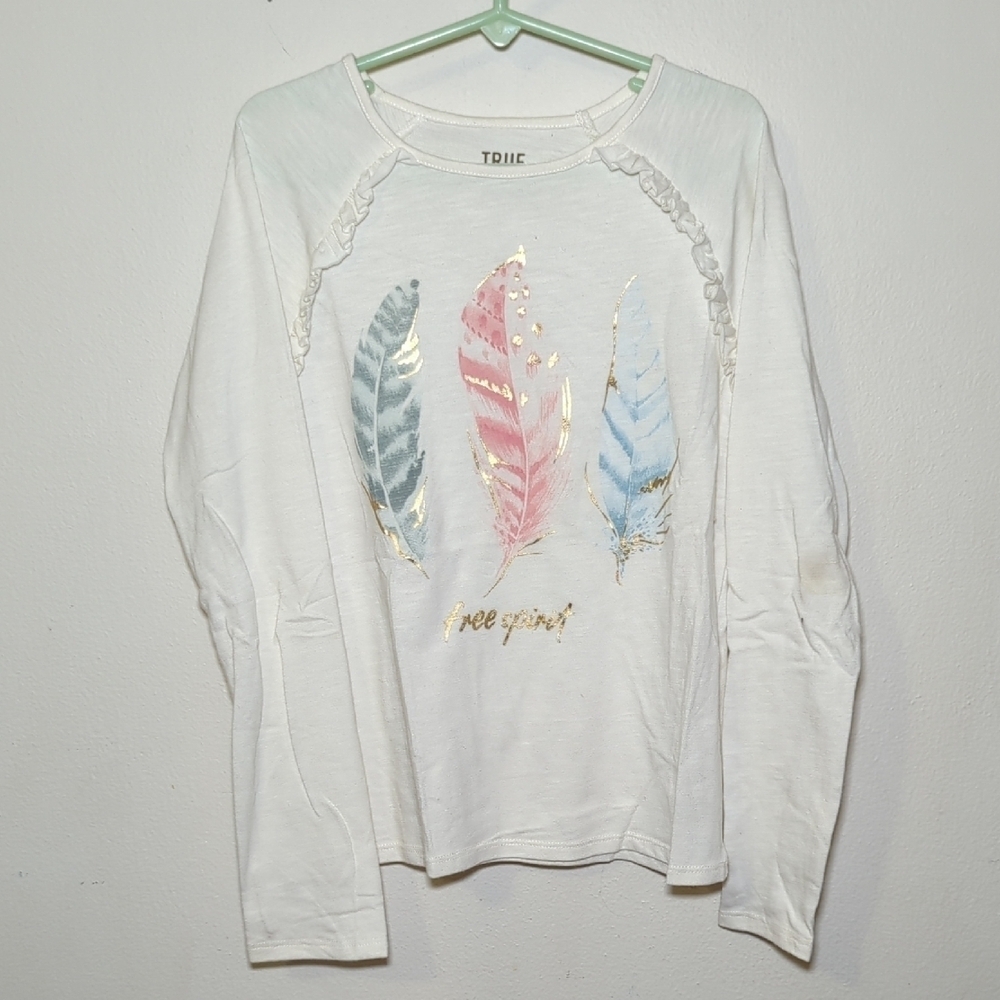True Craft Sparkly Free Spirit Feather Shirt Long Sleeve Shoulder Ruffles Size 8